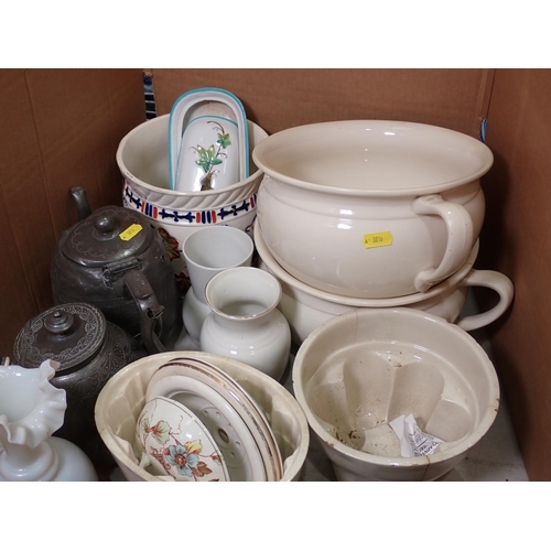 500 - Two Jelly Moulds A/F, stoneware Hot Water Bottle, Doulton Jug, etc.