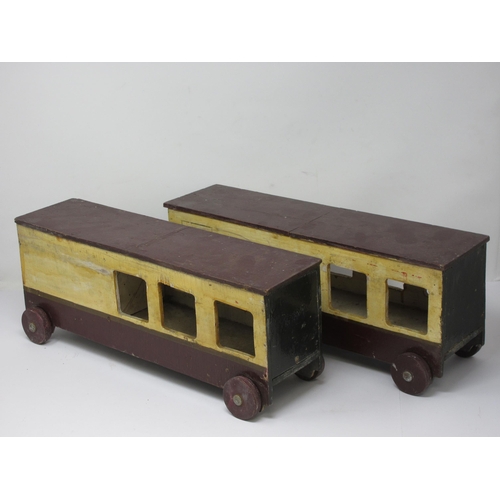 153 - A hand made wooden model of a Barn, a doll's gateleg Table and two wooden railway Coaches