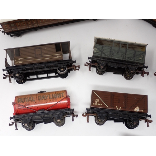 214 - Two unboxed Hornby-Dublo LNER teak Coaches and eight Wagons