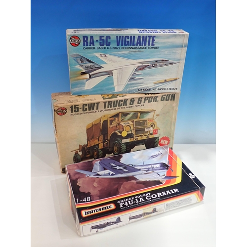 261 - A boxed Matchbox 1:48 scale Chance Vought Corsair, Airfix Chevrolet 15-CWT Truck and six pounder gun... 