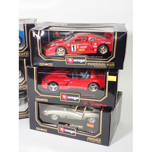 303 - Six boxed Burago 1/18 scale Models including Bugatti Type59, Bugatti EB110, Jaguar 'E' Cabriolet, et... 