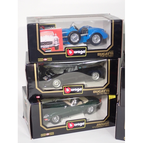 303 - Six boxed Burago 1/18 scale Models including Bugatti Type59, Bugatti EB110, Jaguar 'E' Cabriolet, et... 