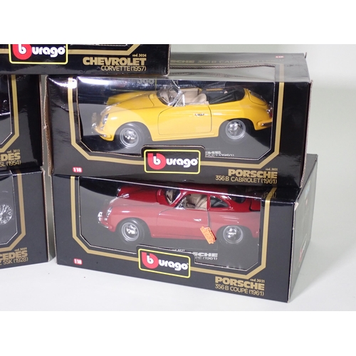 304 - Five boxed Burago 1/18 scale Model Vehicles including a Mercedes-Benz SSK and Porsche 356B Coupe and... 