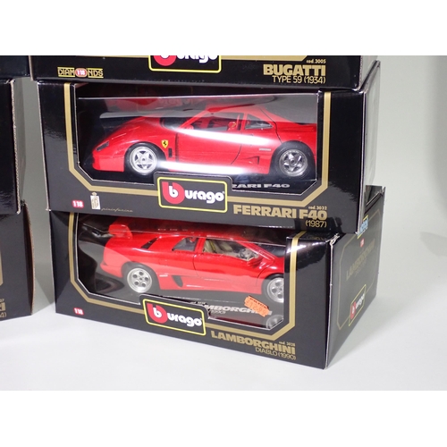 305 - Six boxed Burago 1/18 scale Models including Ferrari GTO, Lamborghini Diablo, Chevrolet Corvette, et... 