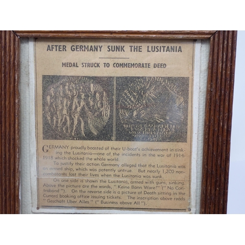 410 - A framed German Lusitania Medal and 'Fur Kultur' Cross