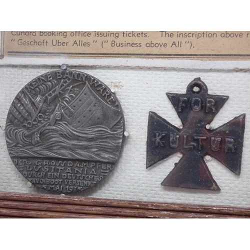 410 - A framed German Lusitania Medal and 'Fur Kultur' Cross