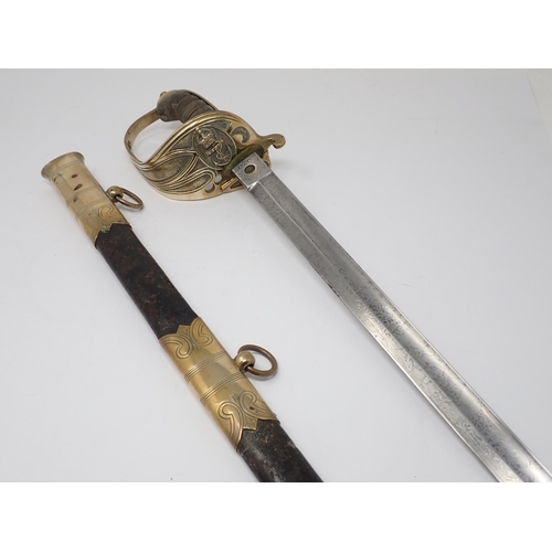 416 - A French Naval Officer's Sword with pierced leafage brass guard