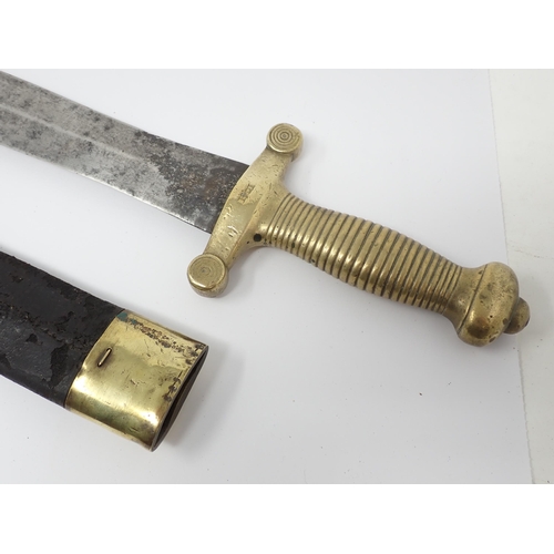 421 - A 19th Century European Side Arm with brass grip in leather scabbard, a French Gladius in leather sc... 