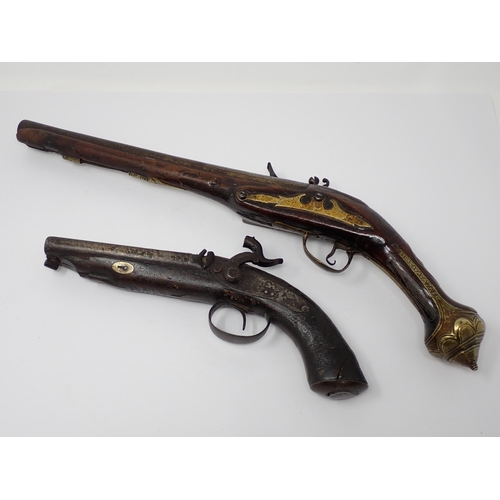 453 - An Ottoman flintlock Pistol and a double barrelled percussion Pistol by Blisset A/F