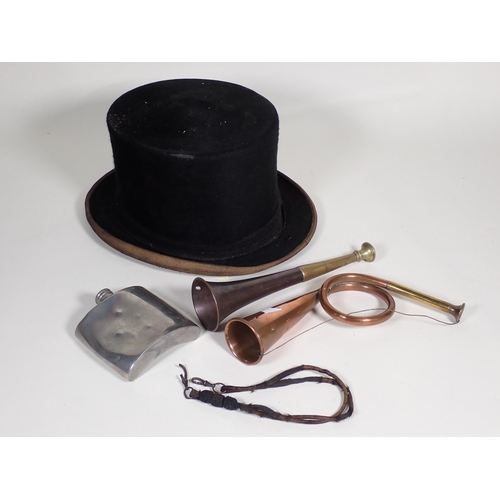 461 - A black felt Hunting Top Hat, brass and copper Hunting Horn, copper Hunting Horn and a Hip Flask onc... 