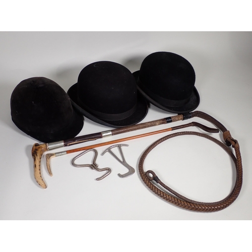 463 - An antler handled Hunting Whip by Swaine, a child's Hunting Whip, a Locke & Co. black Bowler Hat, Mo... 