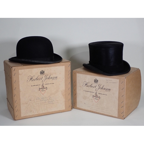 465 - An antique leather Top Hat Box, a Herbert Johnson black Bowler Hat in box and a Herbert Johnson Top ... 