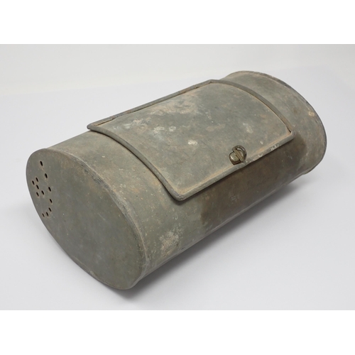 511 - A galvanised oval fishing Bait Tin with hinged lid 9in W