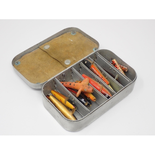 512 - A Wheatley alloy Lure Case containing a quantity of wooden Lures 6in W