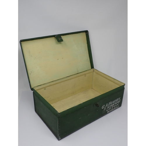 514 - A vintage green painted metal Tackle Box with owner's painted details 1ft 2 1/2in W x 5in H