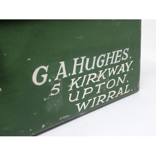 514 - A vintage green painted metal Tackle Box with owner's painted details 1ft 2 1/2in W x 5in H