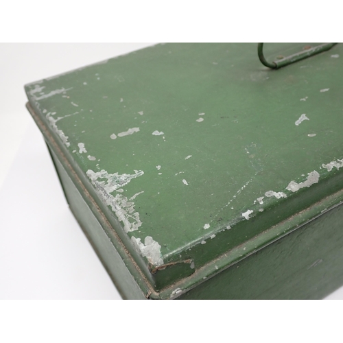 514 - A vintage green painted metal Tackle Box with owner's painted details 1ft 2 1/2in W x 5in H