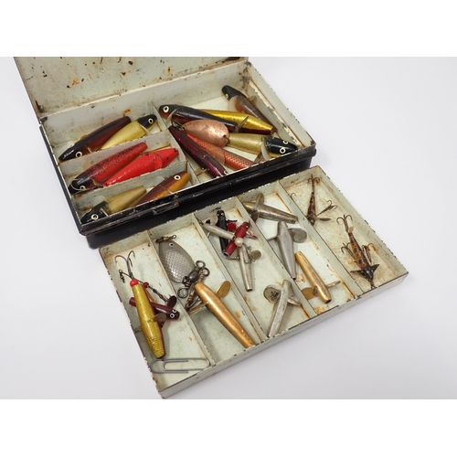 518 - A Farlow's of London japanned Lure Box with internal lift out tray and lures