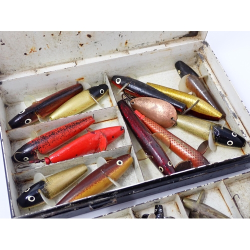 518 - A Farlow's of London japanned Lure Box with internal lift out tray and lures