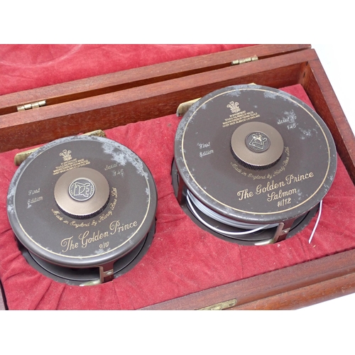 533 - A Hardy Bros. mahogany Presentation Case containing two 1st Edition Golden Prince Presentation Reels... 