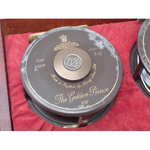 533 - A Hardy Bros. mahogany Presentation Case containing two 1st Edition Golden Prince Presentation Reels... 