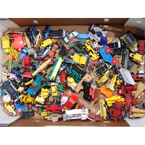 302 - A box of play worn diecast Vehicles including Austin Seven Countryman, Cadillac Eldorado, Corgi Toys... 