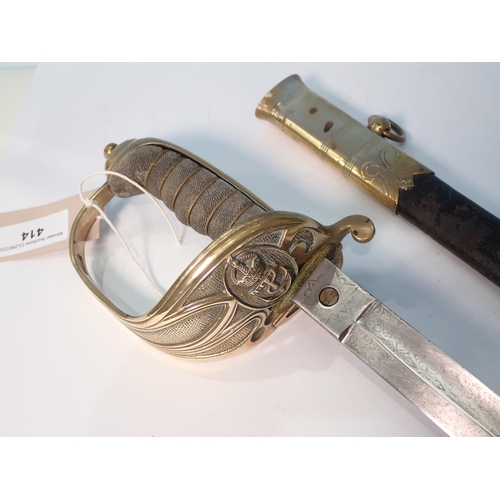 414 - A 19th Century Royal Navy Officer's Sword with shagreen grip within leather and brass scabbard