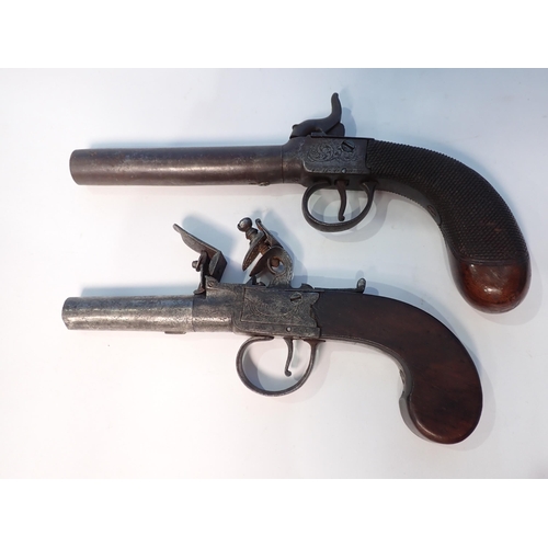 450 - A flintlock box lock Pocket Pistol by Welch and a percussion box lock Pocket Pistol, unnamed (both w... 