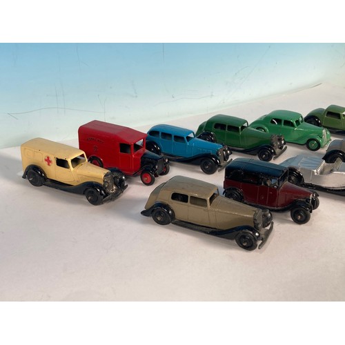 282 - Ten mainly pre-war Dinky Toys including Royal Mail Van, Sunbeam Talbot, Riley, etc., some repainted