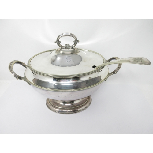 105 - A large plated oval two handled Tureen, Cover and Ladle