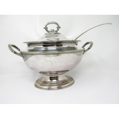 105 - A large plated oval two handled Tureen, Cover and Ladle