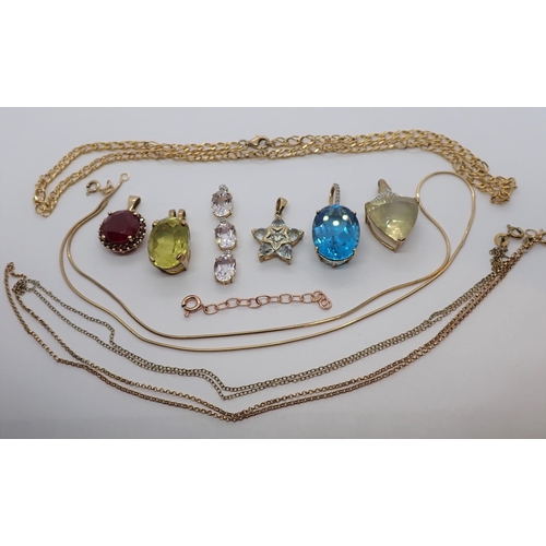 169 - Six 9ct gold Pendants set Citrine, Topaz and other stones together with three 9ct gold Chains, appro... 