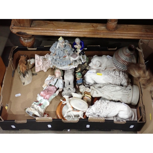 284 - Two boxes of Continental Figures, Beswick Fox, hounds, Continental pottery Jug, gilt Mirror, Mantel ... 