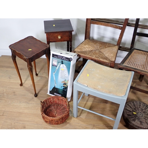 31 - Two occasional Tables, a blue painted Stool, Wine Table, a rush seated Chair and a cane seated Chair... 