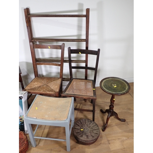 31 - Two occasional Tables, a blue painted Stool, Wine Table, a rush seated Chair and a cane seated Chair... 