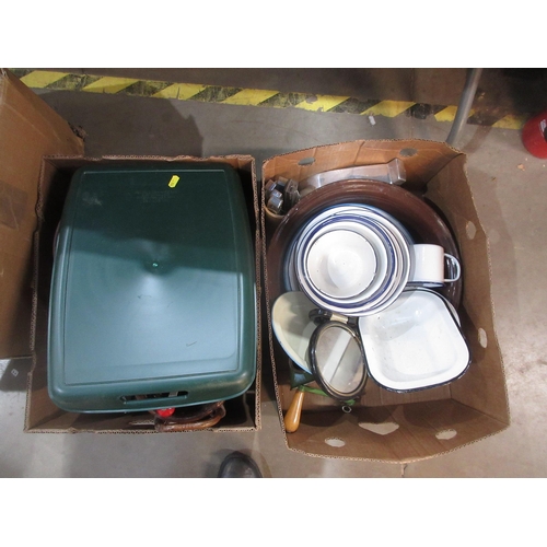 320 - A quantity of Kitchenalia including enamel Bowls, meat Plates, wooden Bowls and three large metal Pa... 