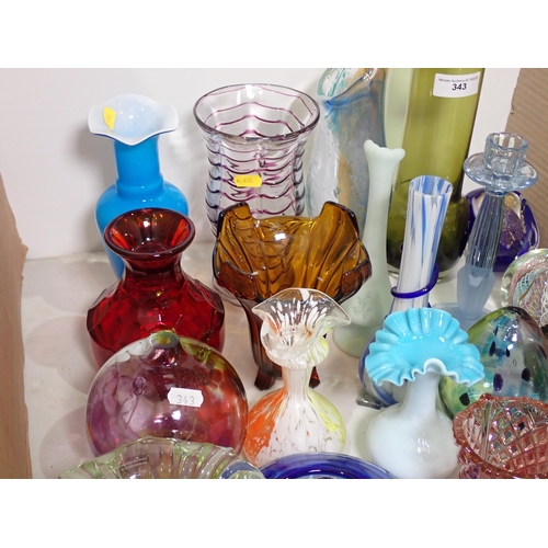 343 - A large quantity of art and coloured Glass including Vases, Bowls, Paperweights etc