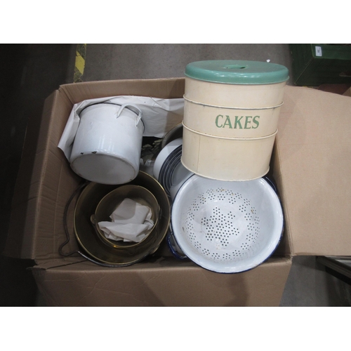 346 - A box of enamel Bowls, Ckae tin, brass Jam Pans, Shell Mirror etc