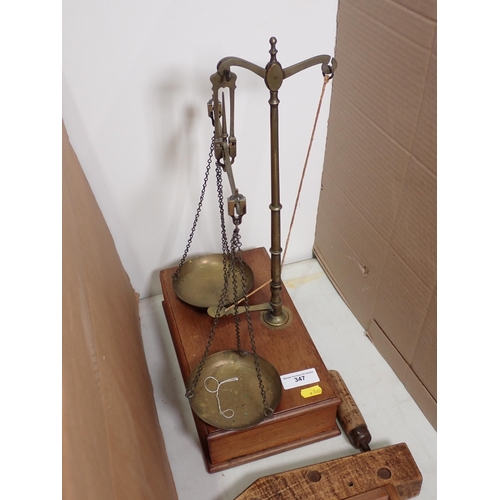 347 - A set of Chemist's brass and mahogany Scales and a picture framer's Clamp