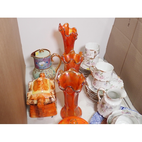 372 - Three orange glass Vases, Limoges Tea Service, Cottage Tea Pot, etc.