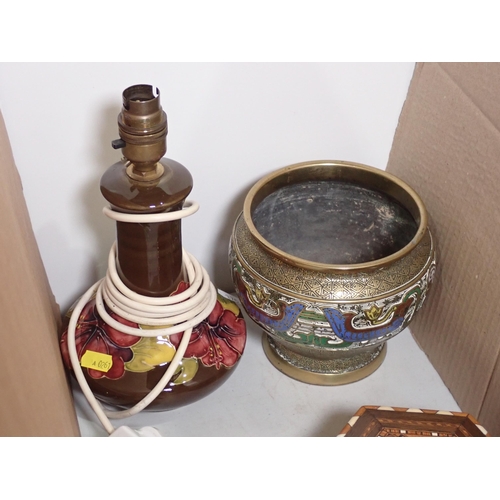 375 - A Moorcroft Table Lamp, Chinese brass Bowl, hexagonal inlaid Box, ceramic Trinket Box and a Herend l... 