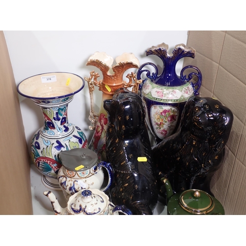 378 - Three large Vases, three Tea Pots, a Jug, a pair of black Staffordshire style Spaniels, Coalport Jar... 