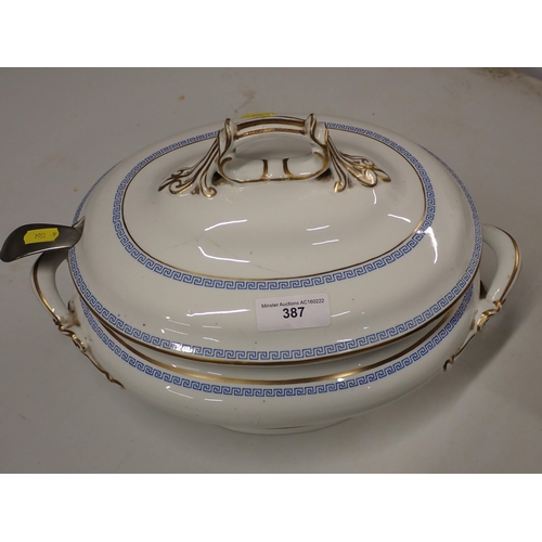 387 - A large blue and gilt Soup Tureen with plated Ladle, a white Tureen and a brass Oil Lamp, passed PAT