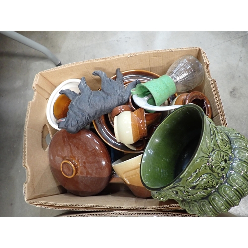 389 - Three boxes of Pottery and glass including green glazed Jardinière, Bowls, Jug, etc.