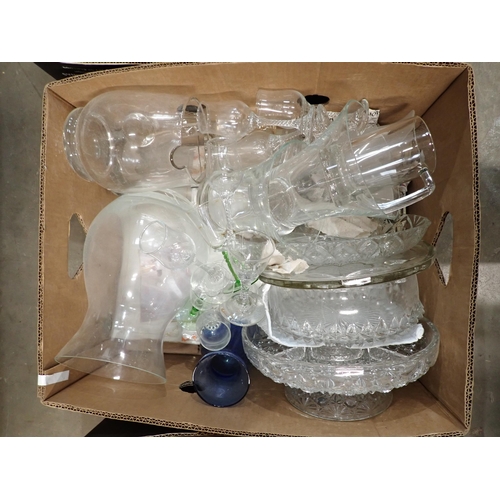 389 - Three boxes of Pottery and glass including green glazed Jardinière, Bowls, Jug, etc.