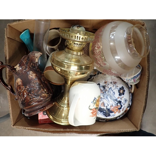 389 - Three boxes of Pottery and glass including green glazed Jardinière, Bowls, Jug, etc.