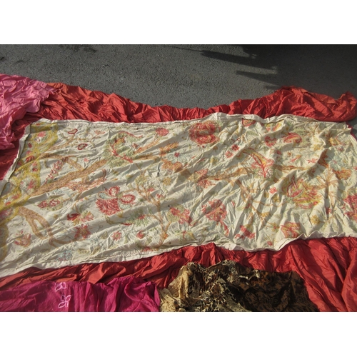 391 - A beige striped Rug 7ft 3in L x 3ft 3in W, an embroidered Bed Throw and other Silks and Textiles