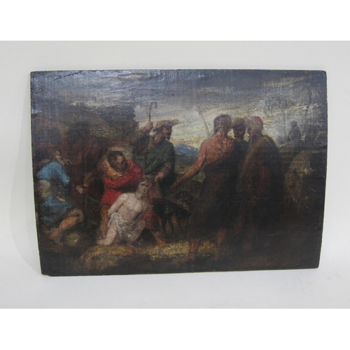 404 - NORTH EUROPEAN SCHOOL. A Figure held Captive before Elders, oil on canvas, laid down on panel (bowed... 