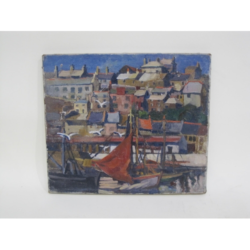 407 - ENGLISH SCHOOL c.1935. A harbour-side scene looking towards rooftops of a Fishing Village, oil on ca... 