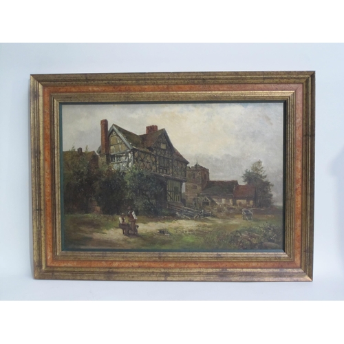 412 - OLIVER BAKER. The Gatehouse and Church, Stokesay, Shropshire, oil on canvas, 16 1/2 x 24in